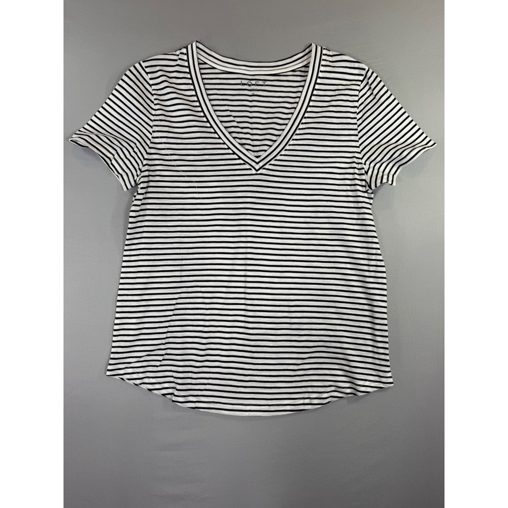 Black White Striped V-Neck Shirt Womens Medium Coastal French Girl Nautical